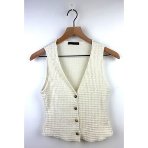 ZARA Textured V Neck Button Up Sleeveless Vest Cream S